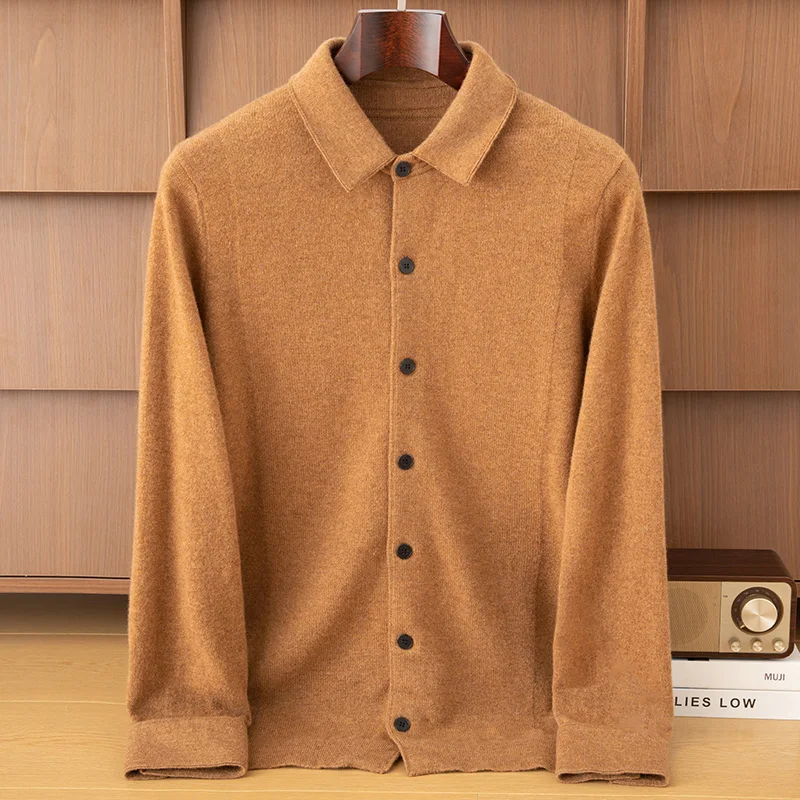 DjzDsm Men's 100% Pure Goat Cashmere High-End Autumn Winter Open Cardigan Polo Neck Knitwear Luxury Soft Warm Sweater for Adults
