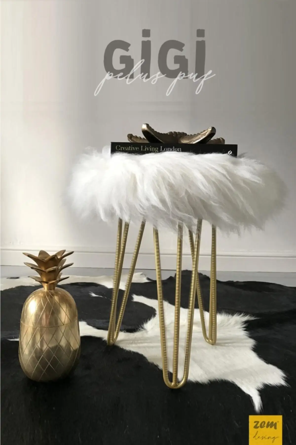 Gigi branco pelúcia ouro pedestal puff