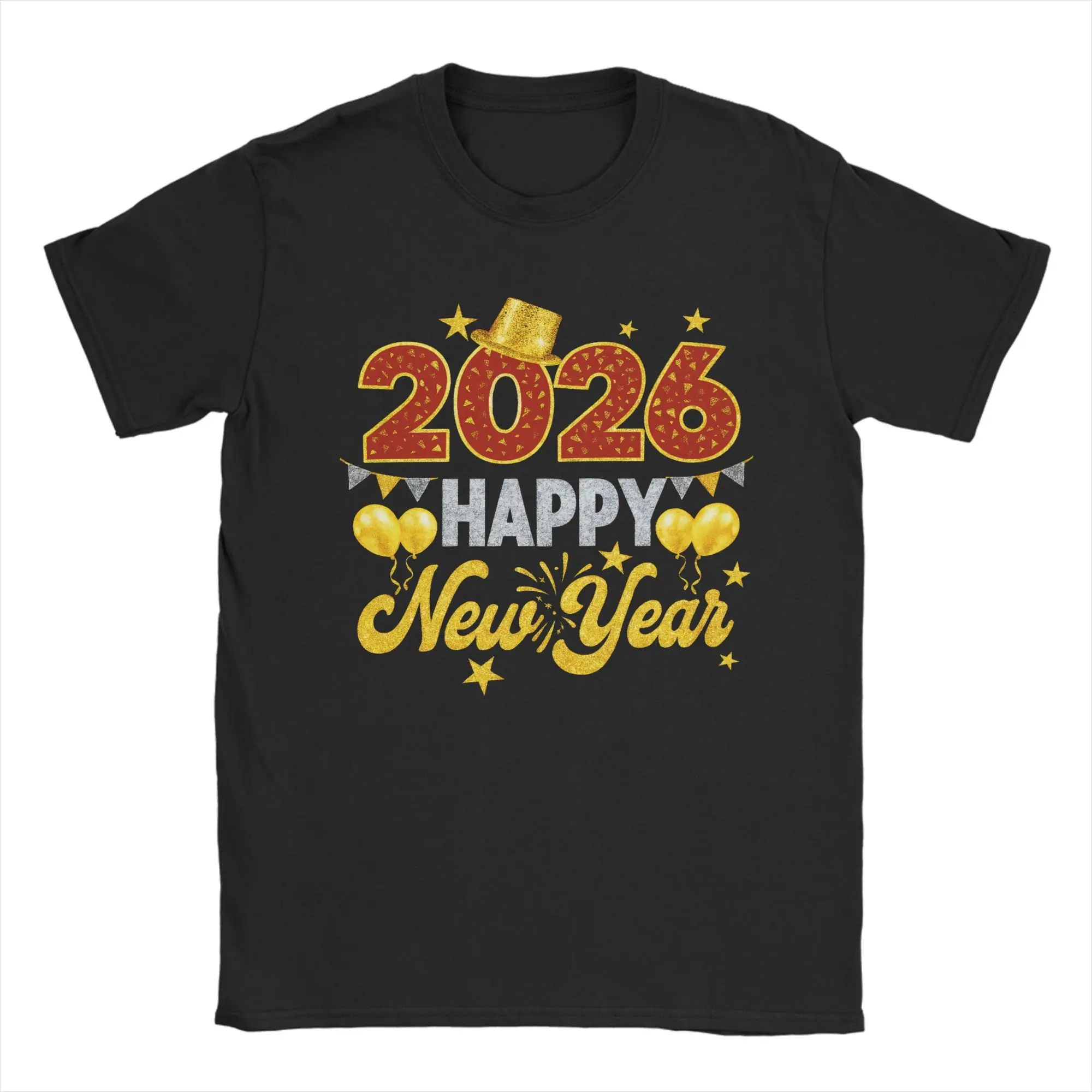 

Happy New Year 2026 Men's T Shirt Novelty Tees Short Sleeve Crewneck T-Shirts Cotton Plus Size Tops