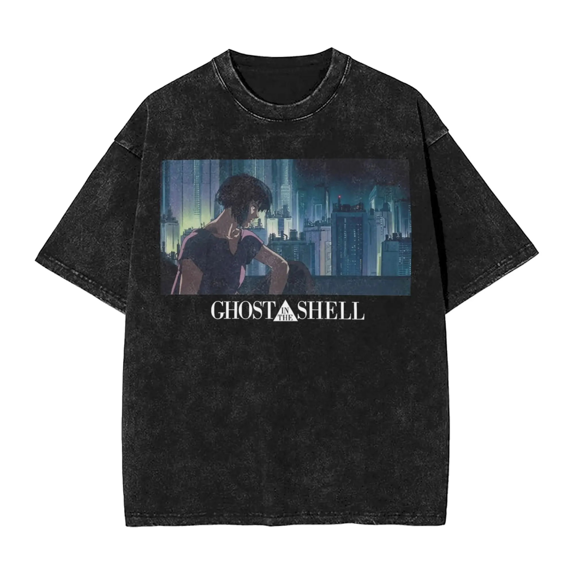 Washed T Shirt GHOST IN THE SHELL Hip Hop Novelty T-Shirt Oversize  Streetwear 100% Cotton Graphic Printed Tops Tees for Men