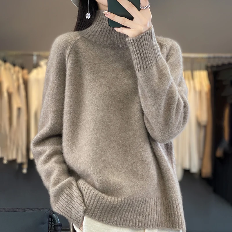 Turtleneck 100% Wool Sweater Women Fashion Solid Split Clothes Autumn Winter New Casual Tops Knitted Long Sleeve Female Pullover