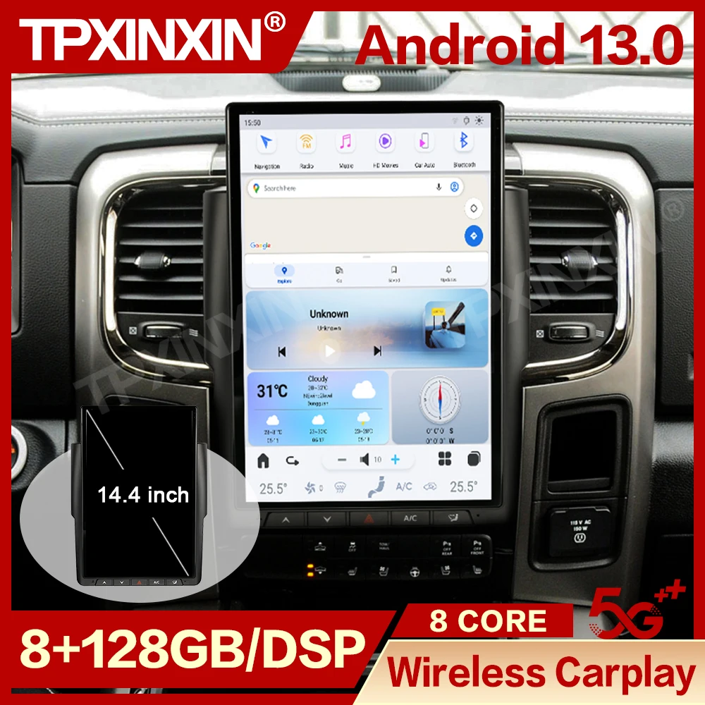 14,4-calowy ekran radia samochodowego Android AUTO dla Dodge Ram 2013 2014 2015 2016 2017 2018 Nawigacja GPS Samochodowy multimedialny jednostka