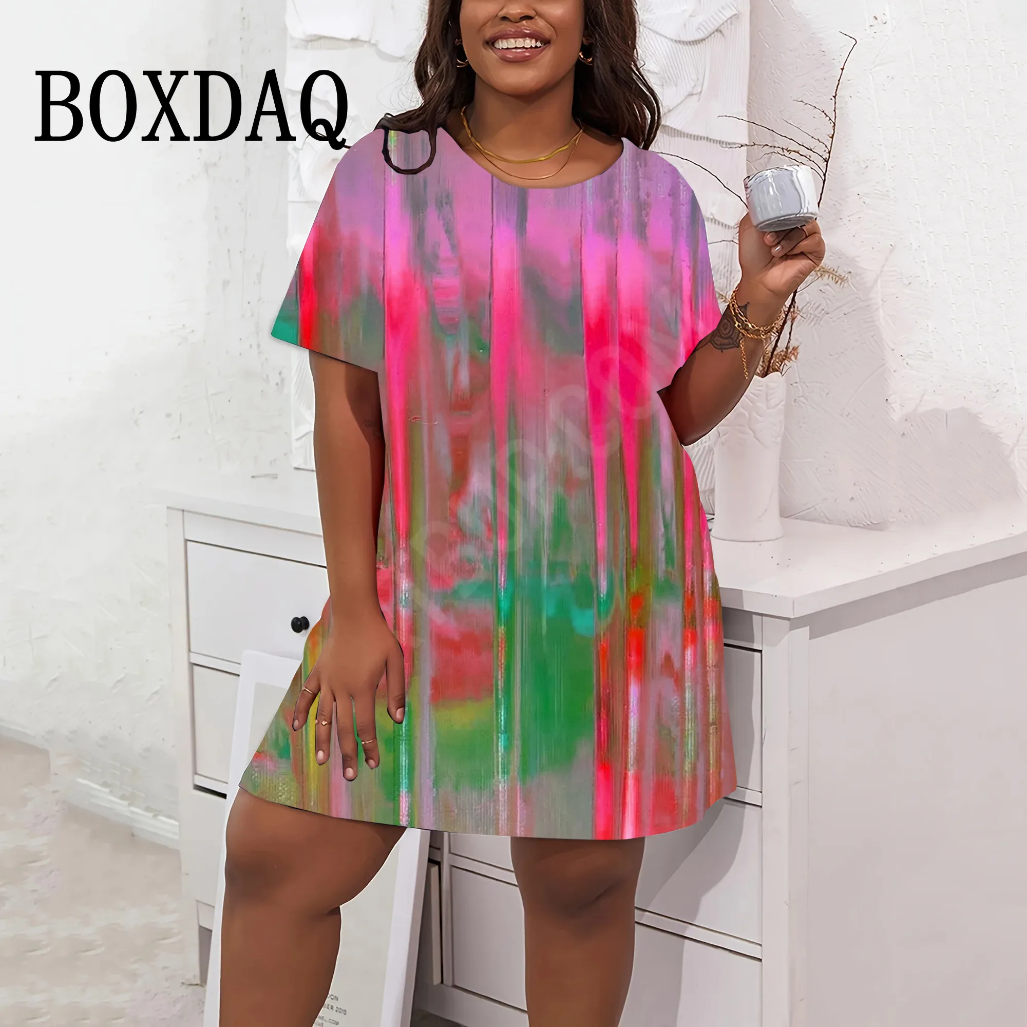 Graffiti Painted Striped 3D Printed Dress Summer New Women Fashion Short-Sleeved Dress Streetwear Casual Plus Size Dresses 9XL