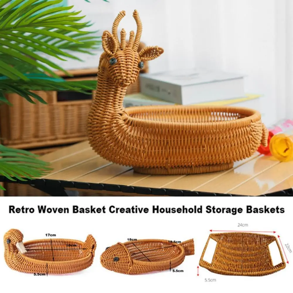 Multistyles Imitation Rattan Fruit Plate Multipurpose Bread Display Storage Rattan Woven Tea Tray Retro Woven Animal Style