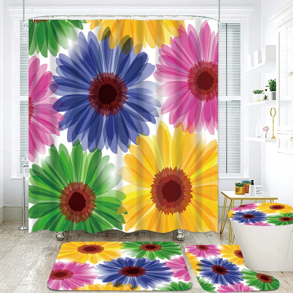 

3D Beautiful Flowers Toilet Cover Bath Mat Sets Floral Print Bathroom Curtain Set Waterproof Fabric Shower Curtain Bathroom Deco