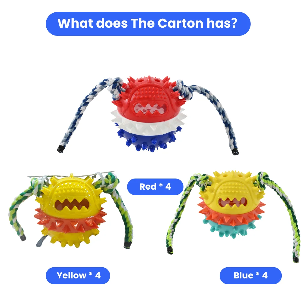 1212PCS/Carton TPR Treat Dispensing Dog Chew Ball with Cotton Rope Squeaky Dental Cleaning Tug Toy Interactive Pet Toy 3 Colors Mixed Wholesale