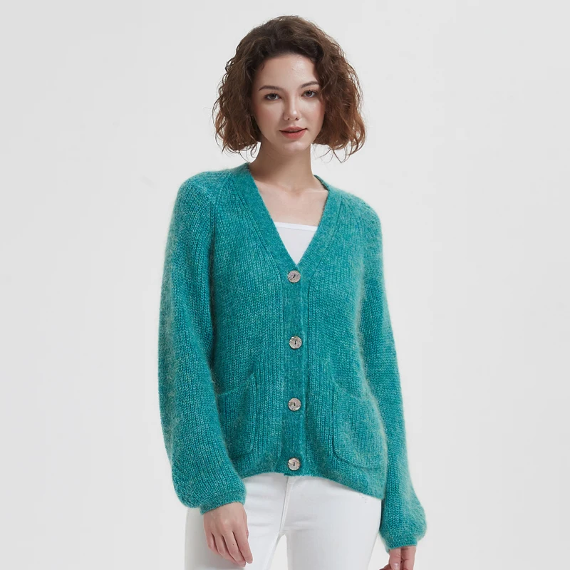 BAHTLEE-Women\'s Mohair Knitted Cardigan, Long Puff Sleeves Wool Coat, Casual V-Neck, Buttons Pocket, Loose Style, Winter