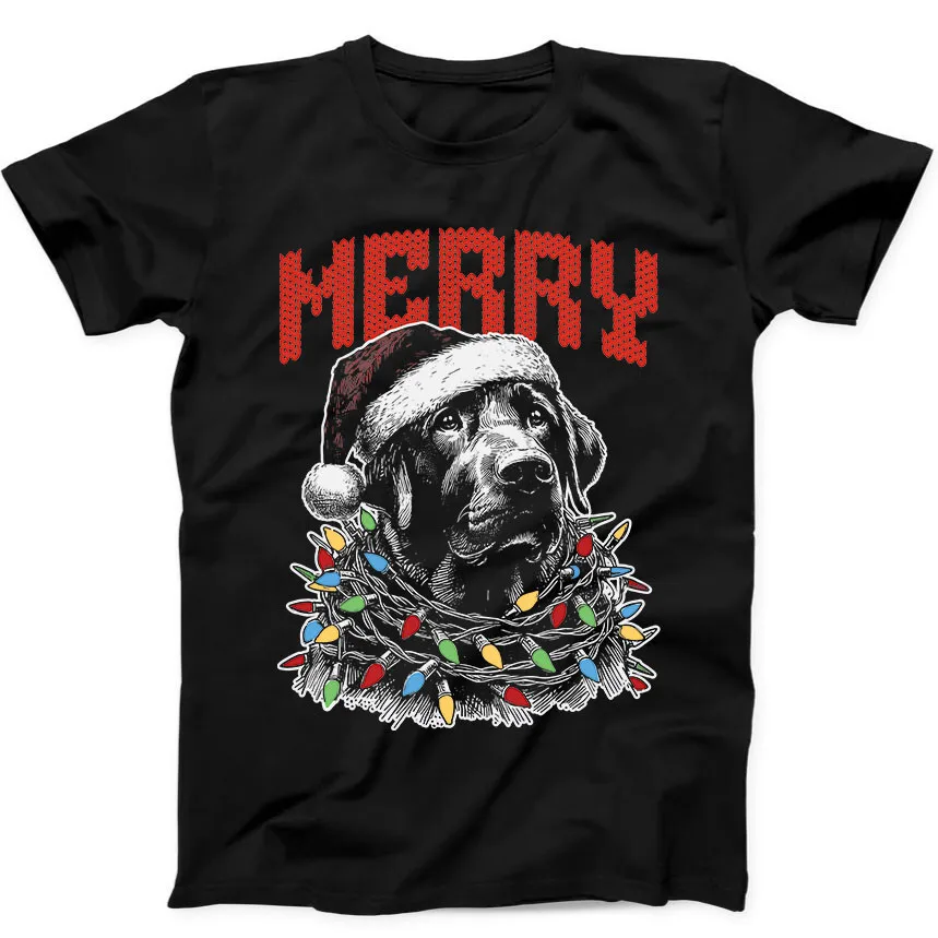 Merry Labrador Dog Wrapped Christmas Lights Santa Funny Gift Black T Shirt 216