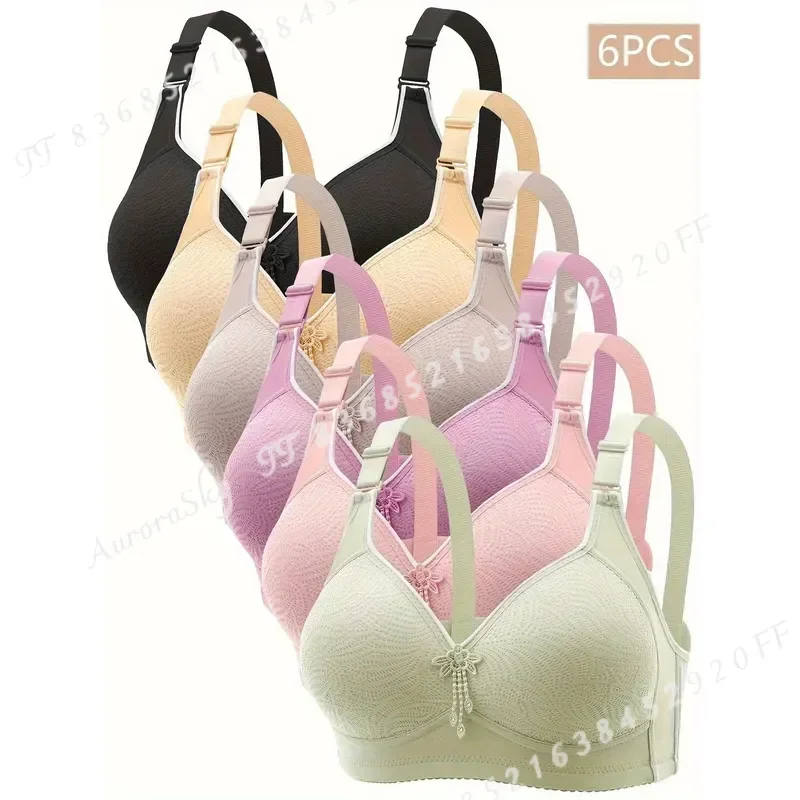 6 piezas de sujetadores de encaje sexy sin aros para mujer, talla grande, con tirantes ajustables, sujetador tipo camiseta para copas A, B, C, D, conjunto de ropa interior colorida.