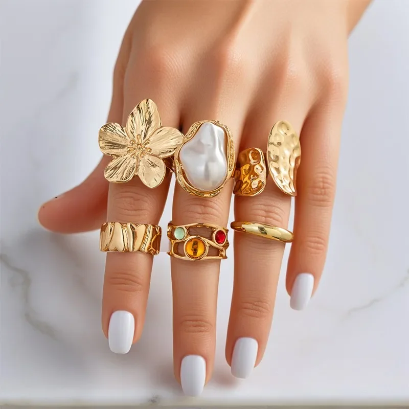 

Metal Open Rings Women Irregular Exaggerated Ring Women Baroque Imitation Pearl Ring Set Gold Color Flower Chunky Ring Gifts