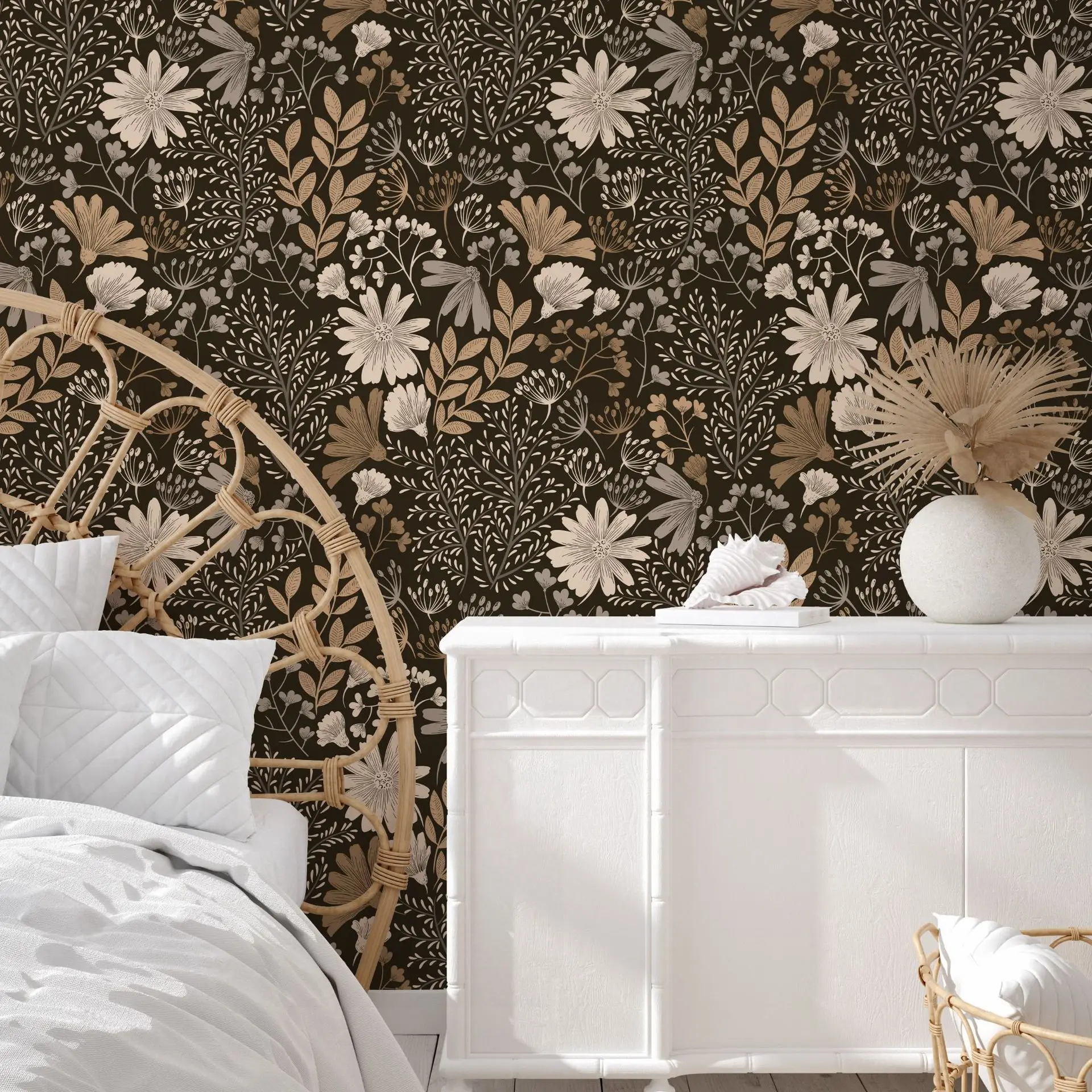 Vintage White Floral Contact Paper Boho Leaf Peel and Stick Wallpaper Brown Black Botanical Self Adhesive Wall Paper Waterproof