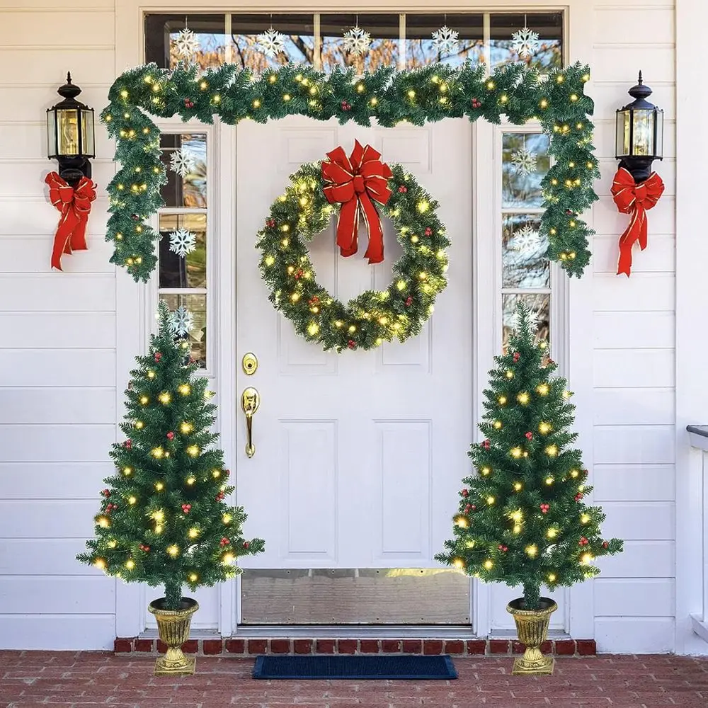 

Набор из 4 предметов для рождественской елки с предварительной подсветкой, светодиодной подсветкой, рождественской гирляндой, венком и набором из 2 искусственных входных деревьев или крыльца.