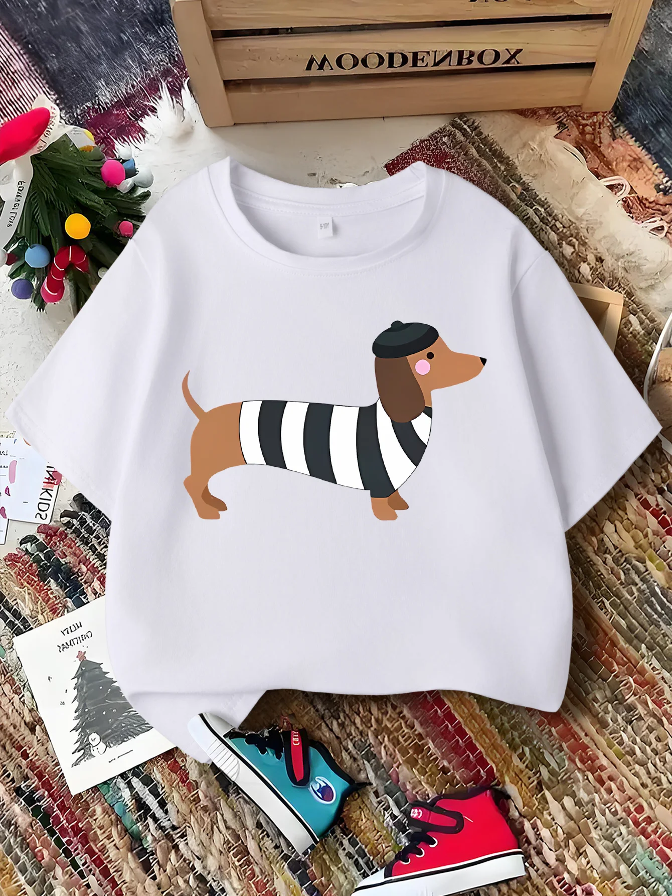 Cute Striped Dachshund With Hat Print Graphic Kids Tee Boys Girls Family Matching Cotton Crew Neck Short Sleeve Soft Summer Tee