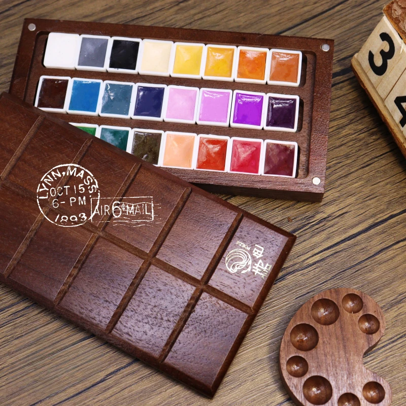 Watercolor Pigment 2ml Walnut Box 24 Color Pearlescent Solid Color Watercolor Handmade Solid Pigment Painting Package