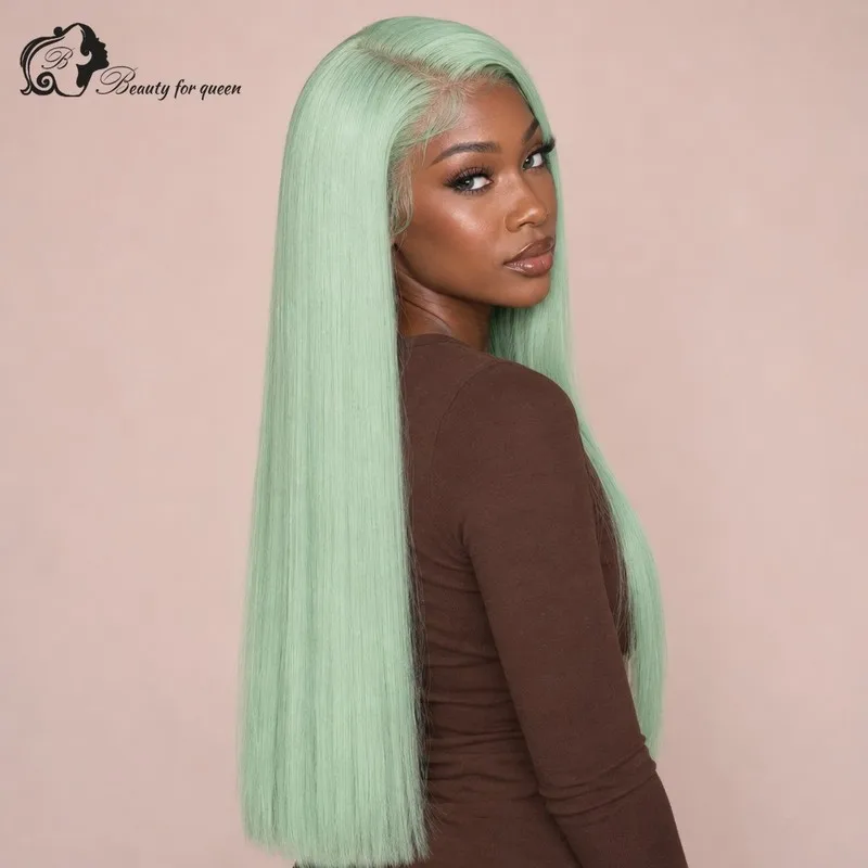 Mint Green Straight Lace Front Wig Long Smooth Vivid Silky Voluminous Fluffy Pre Plucked Flawless Heat Friendly Quality Full
