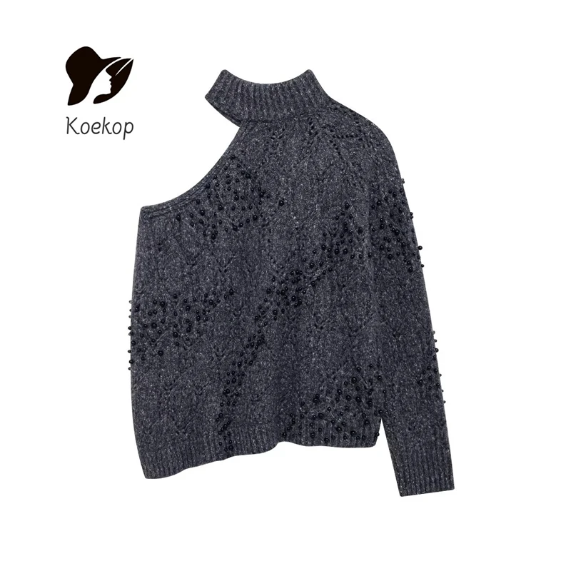 Koekop 2024 Women's Fashion Solid Color Asymmetric Skeleton Knit Sweater Vintage Casual Beaded Women's Chic Lady Knit Sweater