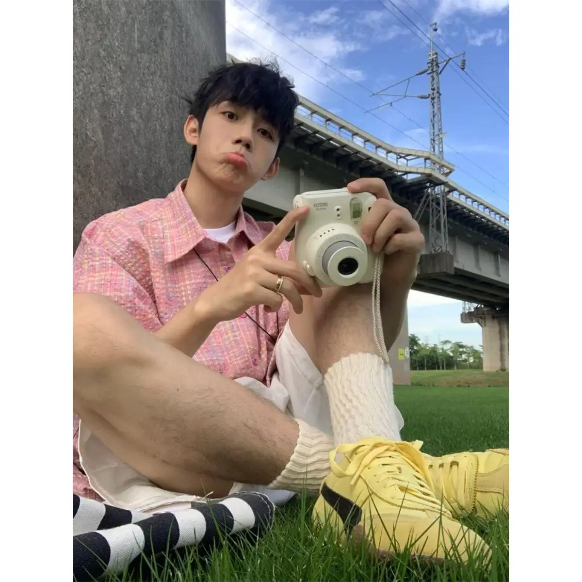 

Pink Bubble irt Men's Summer Trendy Brand Dopane American Plaid ort Sve Thin Outerwear Slim Fit Polyester Fiber