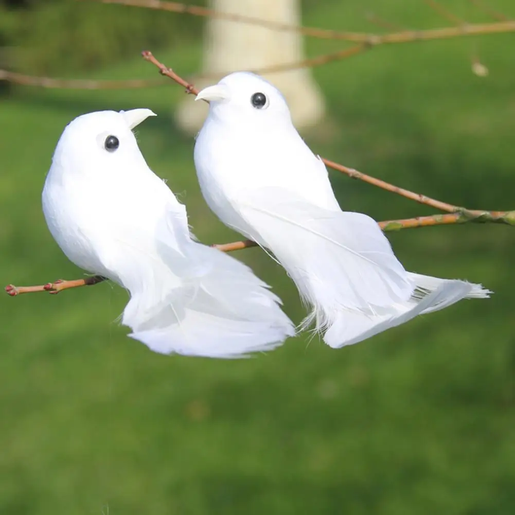 Artificial Dove Long Tail Feather Handmade 3D Eyes Metal Clip Wedding Ornament Tree Simulation Animal White Bird for Courtyard