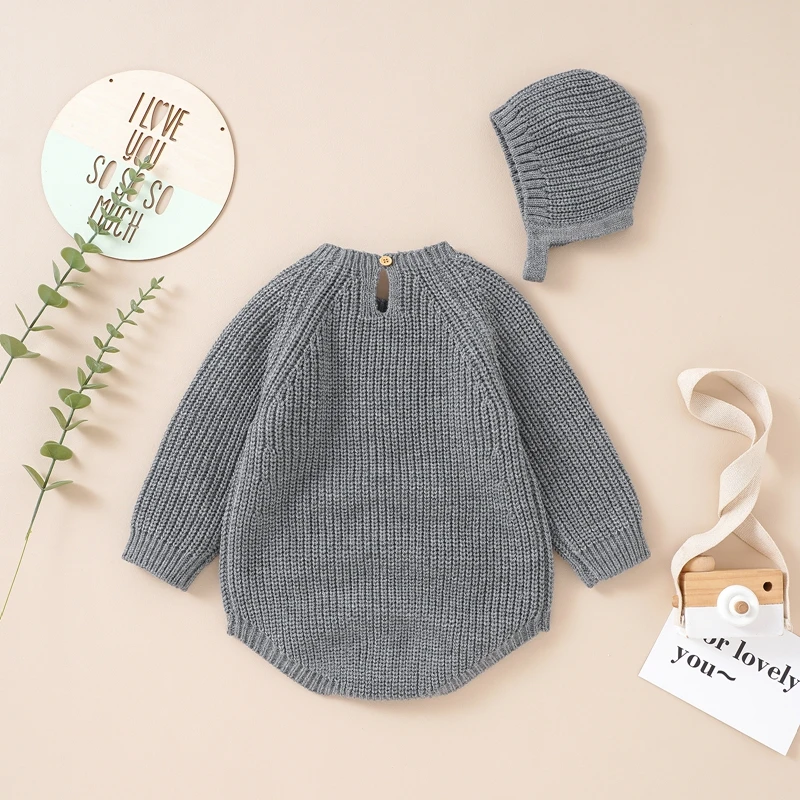 Newborn Baby Girl Boy Knit Sweater Romper Crewneck Sweatshirt Long Sleeve Warm Bodysuits Tops With Hats Fall Winter Clothes