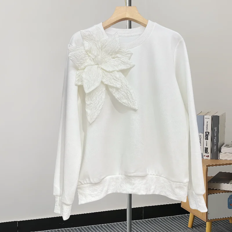

Autumn Spring 2025 Women's Sweatshirt Pullover Top Three-dimensional Flowers Diamonds Loose Long Sleeve Casual White Black 40915