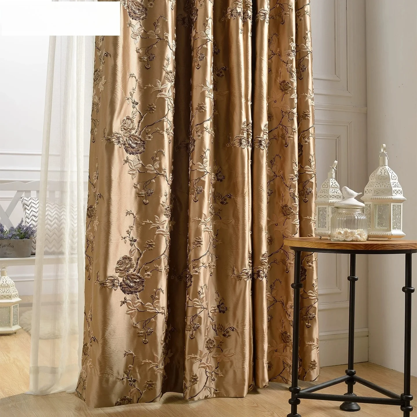 European Embroidered Golden Brown Luxury Curtains for Living Room Bedroom Dining Blackout Imitation Satin  Precision Jacquard