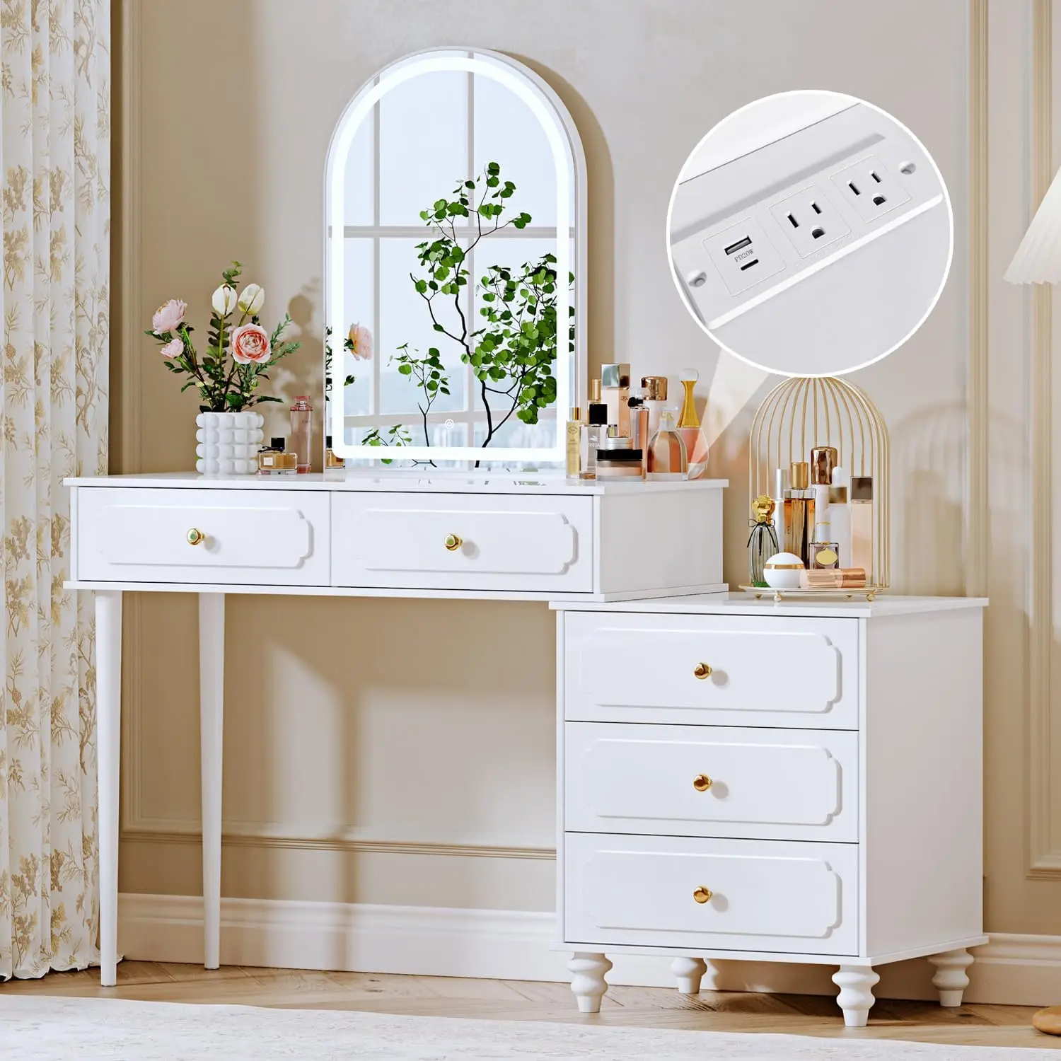 

Vanity Desk with Mirror and Lights,Makeup Vanity with Power Outlet and Adjustable Cabinet,Modern Makeup Table with 3 Drawers