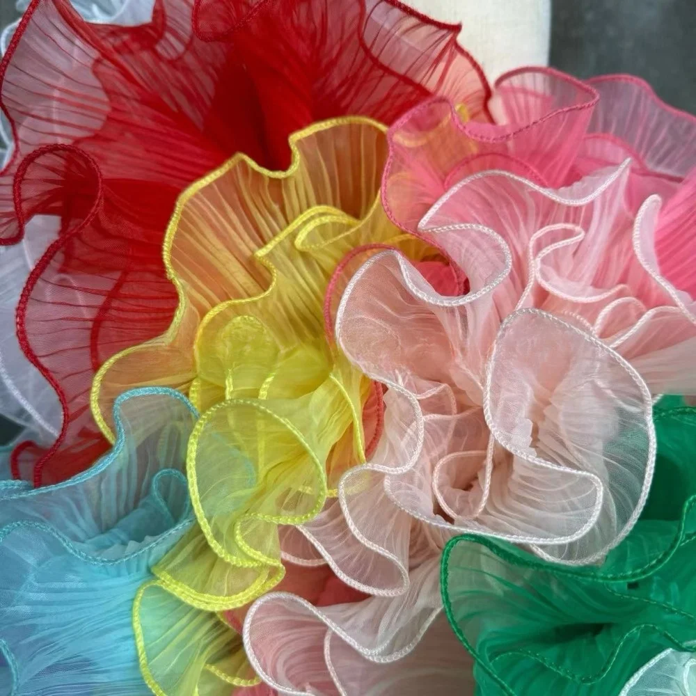 1 Yard Pleated Fabric Magic Color Double Layered Mermaid Lace Rose Flower Pattern Organza Translucent Plisse Cloth