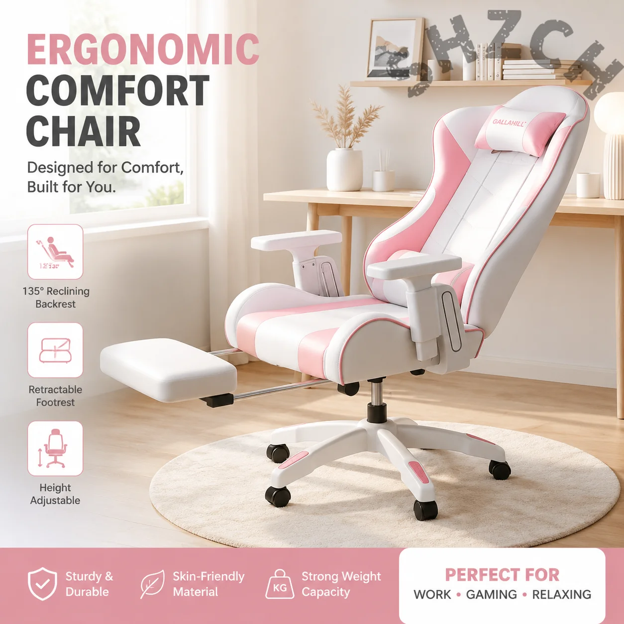 Pink Ergonomic Gaming Chair for Girls – Comfortable Desk Chair for Bedroom and Extended Sitting