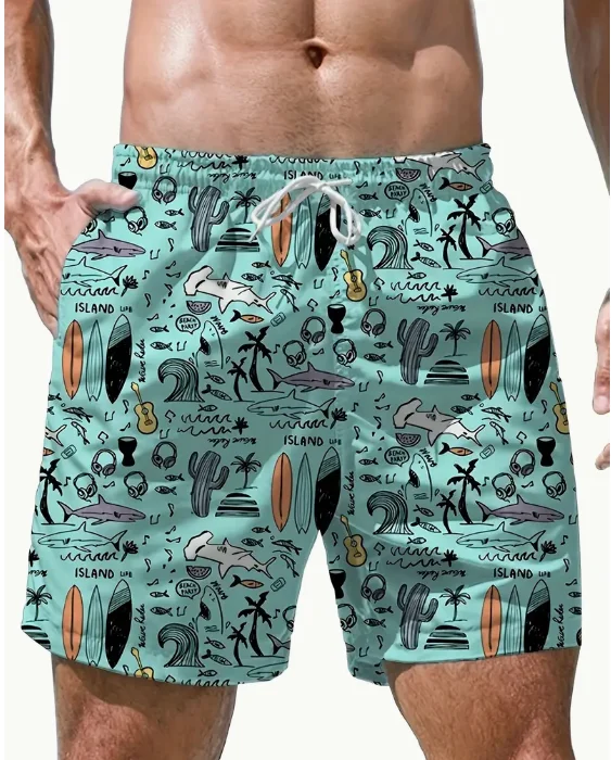 Pantalones cortos con estampado gráfico de hojas para hombre, Shorts a rayas con bolsillos, informales con cordón, para playa, verano, natación, surf