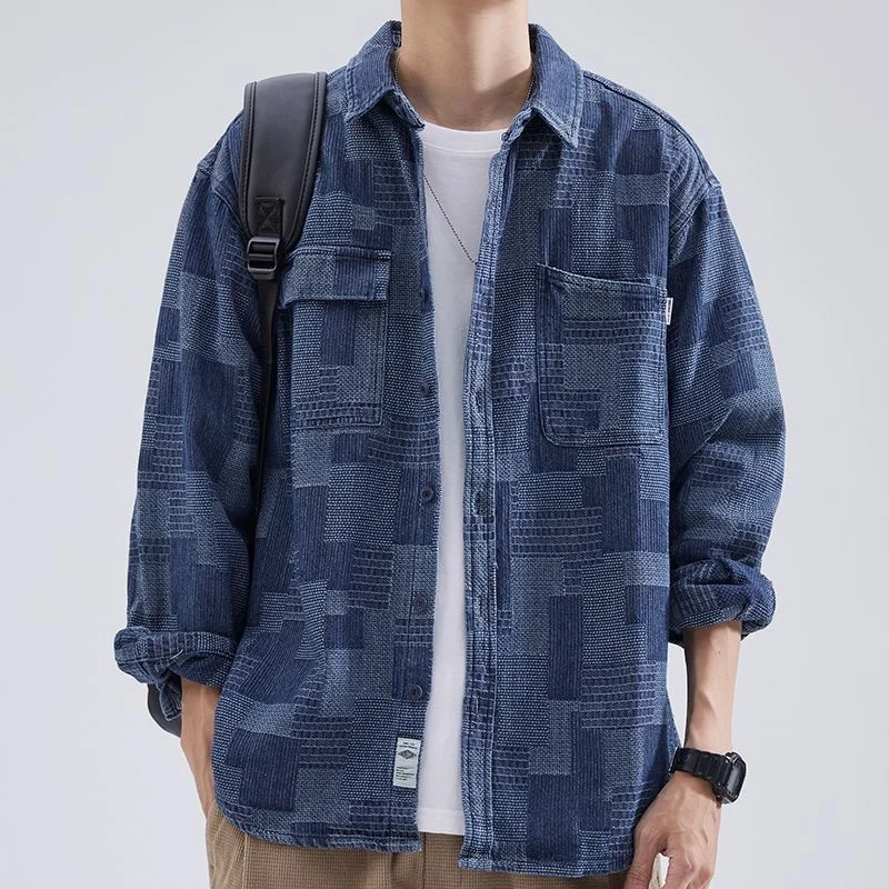 

Workwear Shirt Autumn Loose Fitting Japanese Trendy Brand Lapel Casual Ruffian Handsome Denim Shirt Vintage Male Tops Streetwear