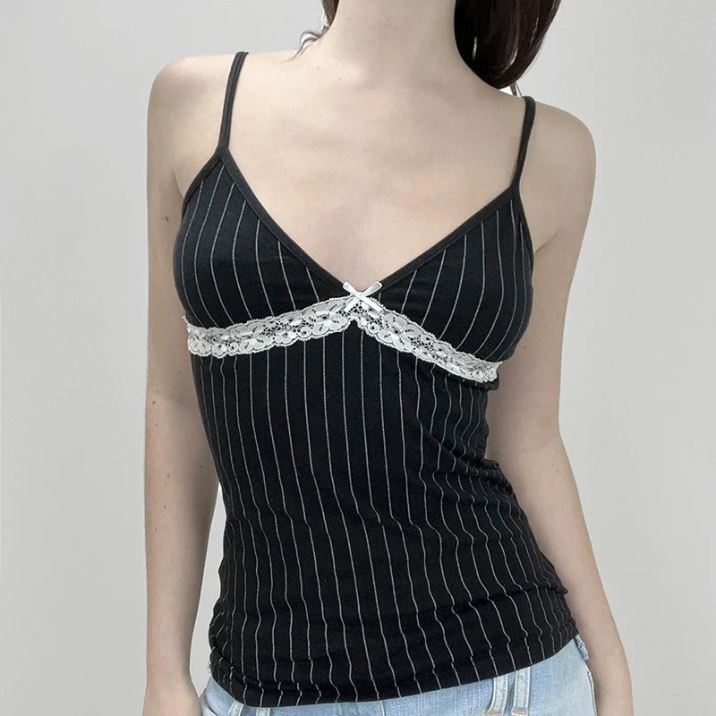 Darlingaga Fashion V Neck Stripe Lace Trim Bow Summer Crop Top Women Slim Chic Y2K Outfits Camisole Sleeveless Sexy Elegant New