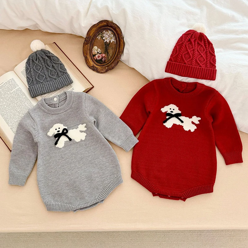 

2025 New Autumn 0-24M Children Clothes Toddler Baby Girl Knitted Romper Long Sleeved Cartoon Infant Baby Girls Knitted Jumpsuit