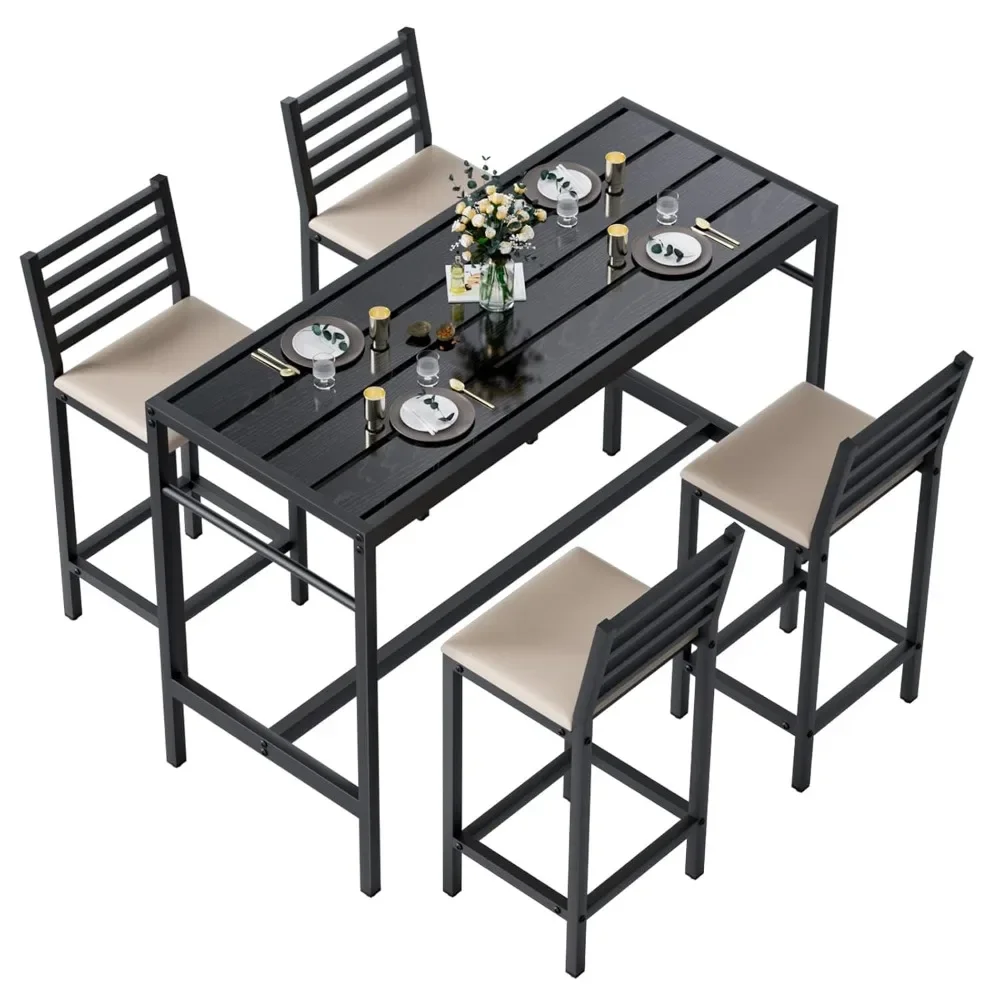 

5 Piece Outdoor Bar Table & Chairs Set, 50" Rectangular Height Dining Table Set with 4 Bar Chairs Soft Seat with Backrest