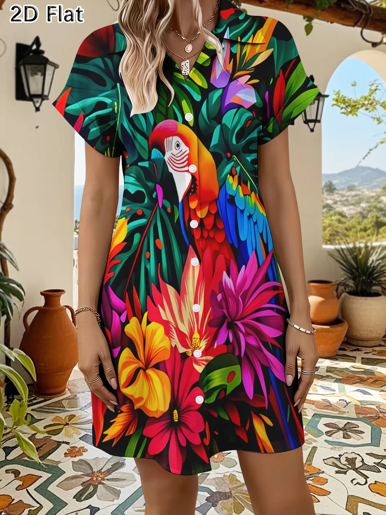 Hemdkleid mit Vogelmuster für Damen, Sommer, lässig, kurzärmelig, Reverskragen, Blumenmuster, Damenkleid, modische Damenbekleidung