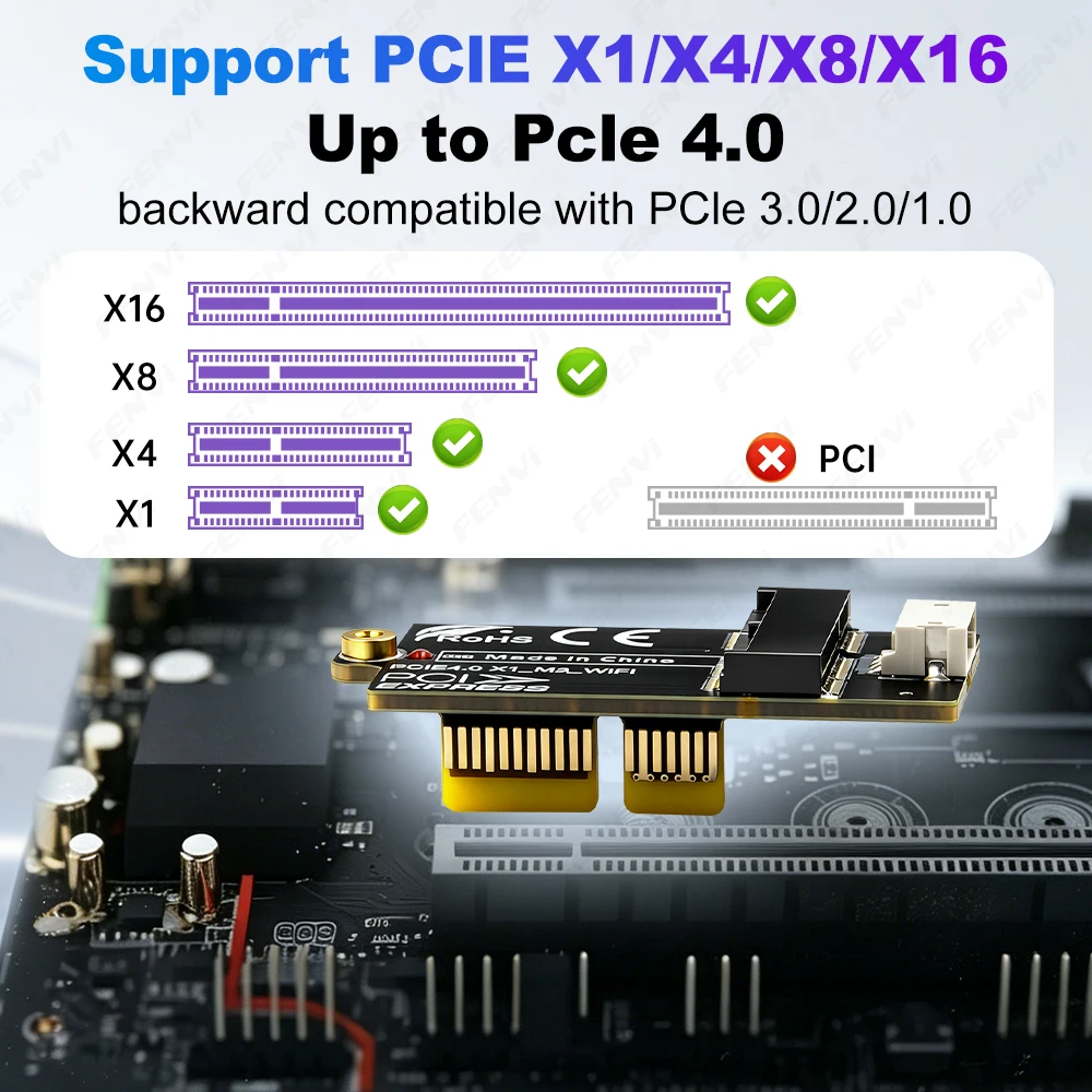 PCIe 4.0 x1 Adapter Card to M.2 WiFi Coverter for PC Desktop Wi-Fi 7 BE200 WiFi6e AX210 AX200 NGFF Network Card