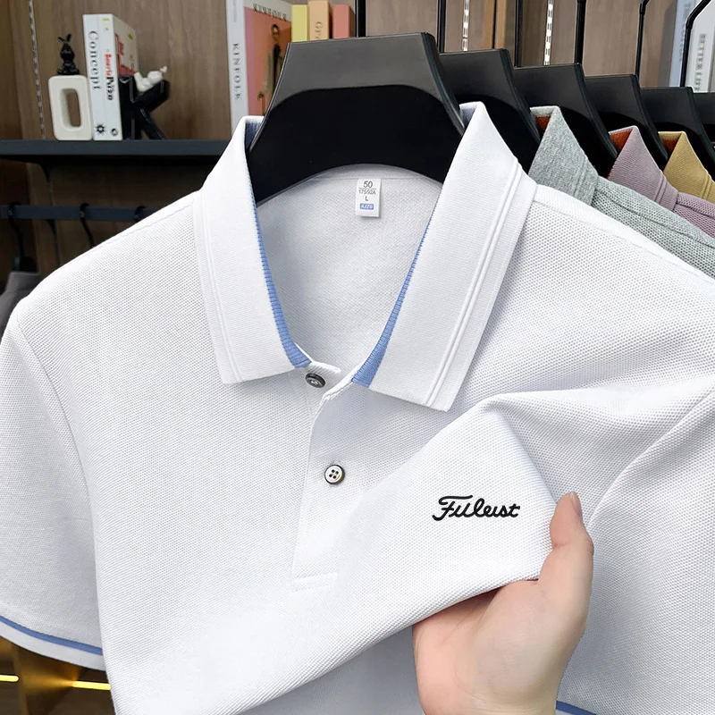Summer 100% cotton men's short sleeved polo shirt letter printed top comfortable breathable casual high-end brand lapel T-shirt