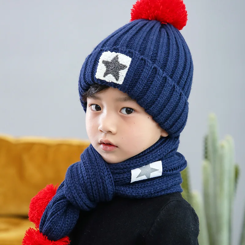 Winter Scarf Hats For Kids Warmer Knitted Beanies Cap Star Print Children Fleece Hat Neck Scarf Pompom Cute Hats For Boy Girls