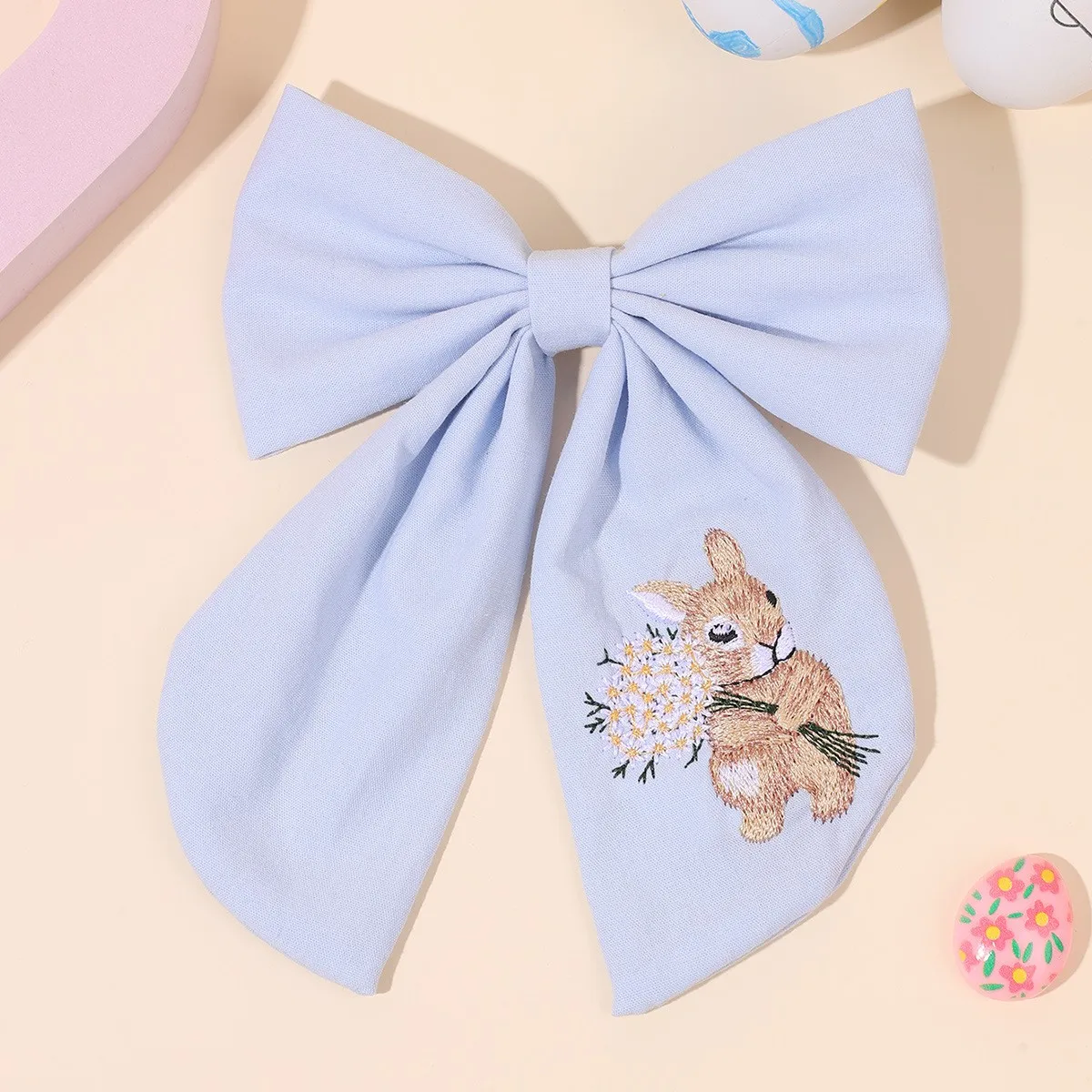 24pcs/lot 5-Inch Cotton Fable Bow Hair Clips Baby Girls Rabbit Embroidered Barrettes Easter Themed Hair Accessories Bulk Pack view 6