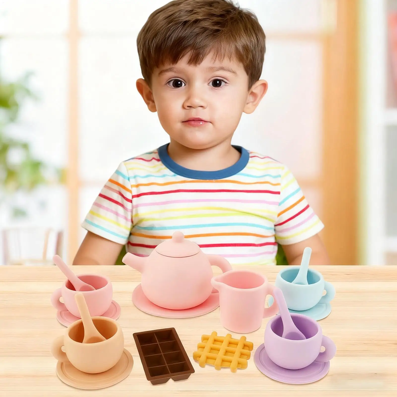 Conjunto de chá de silicone para crianças, brinquedos educativos de aprendizagem, conjunto de chá de silicone para bebês, brinquedos para crianças, conjunto de talheres de silicone de qualidade alimentar