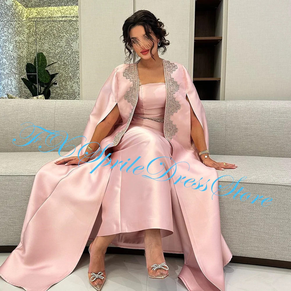 Pink Sleeveless Satin Ankle Length Straight Evening Dress Exquisite Strapless Pleats Crystal Shwal Saudi Arabia Vestido De Noche