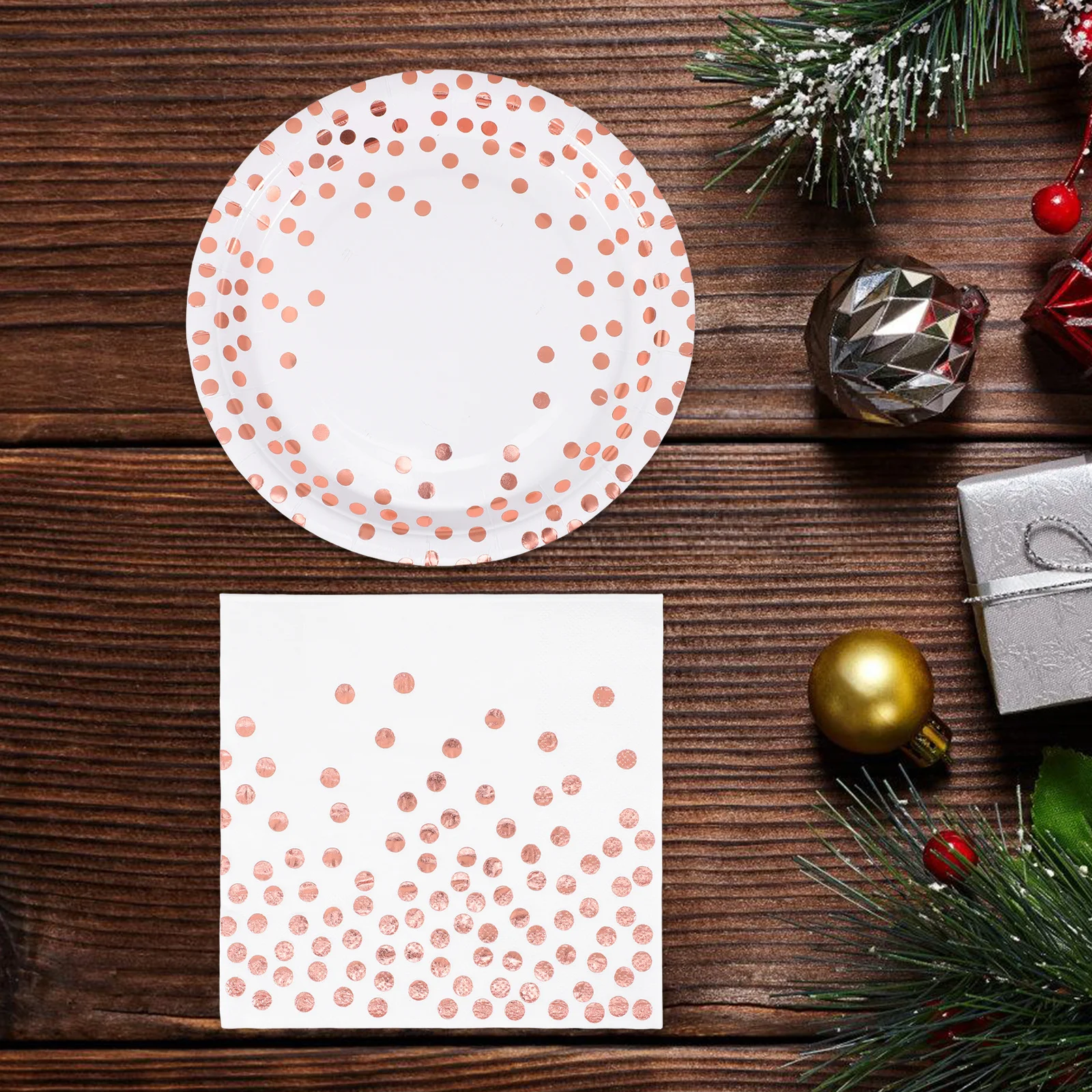 

1Set Rose Gold Party Paper Tableware Disposable Dot Plates Napkins Set Birthday Bridal Shower Cake Tray Festive Party Plates