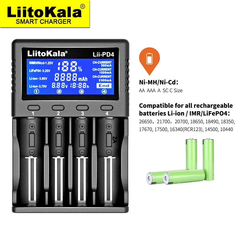 LiitoKala Lii-PD2 Lii-PD4 +car 1.2V 3.7V 3.2V 3.85V A/AAA 18650 18350 26650 10440 14500 16340 NiMH battery smart charger image 5