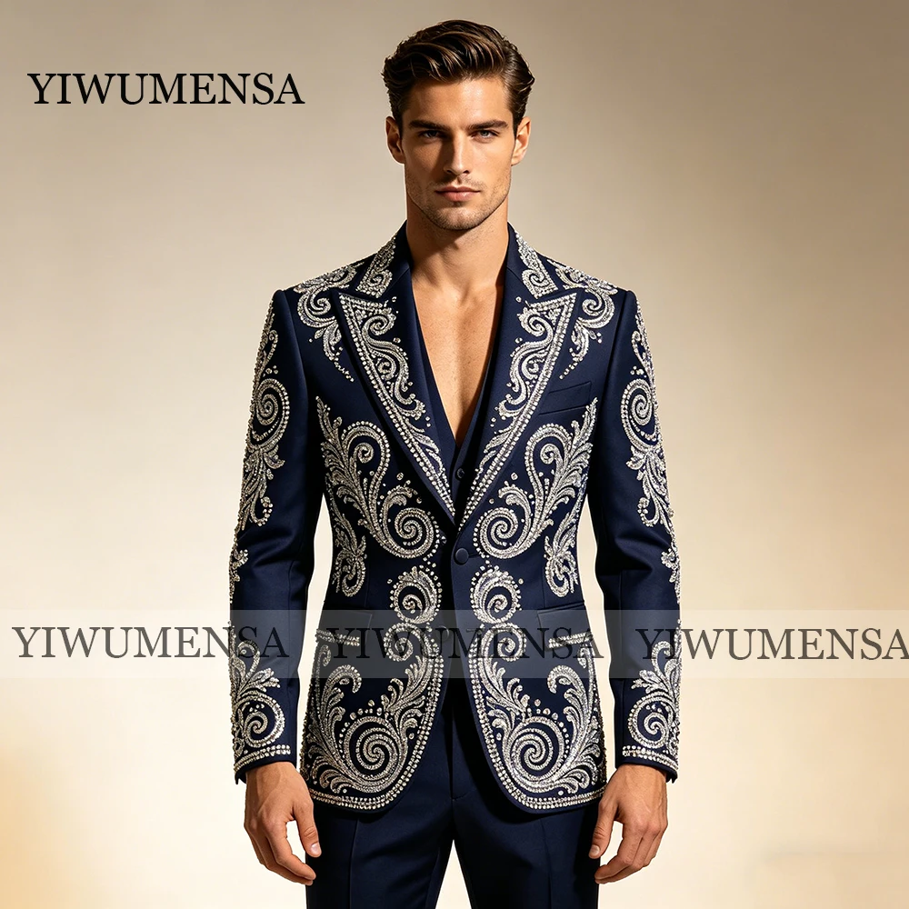 

Extravagant Beaded Stones Wedding Suit For Men 3 Piece Single Breasted Prom Blazer Custom Made Man Formal Party Tuxedo Attire