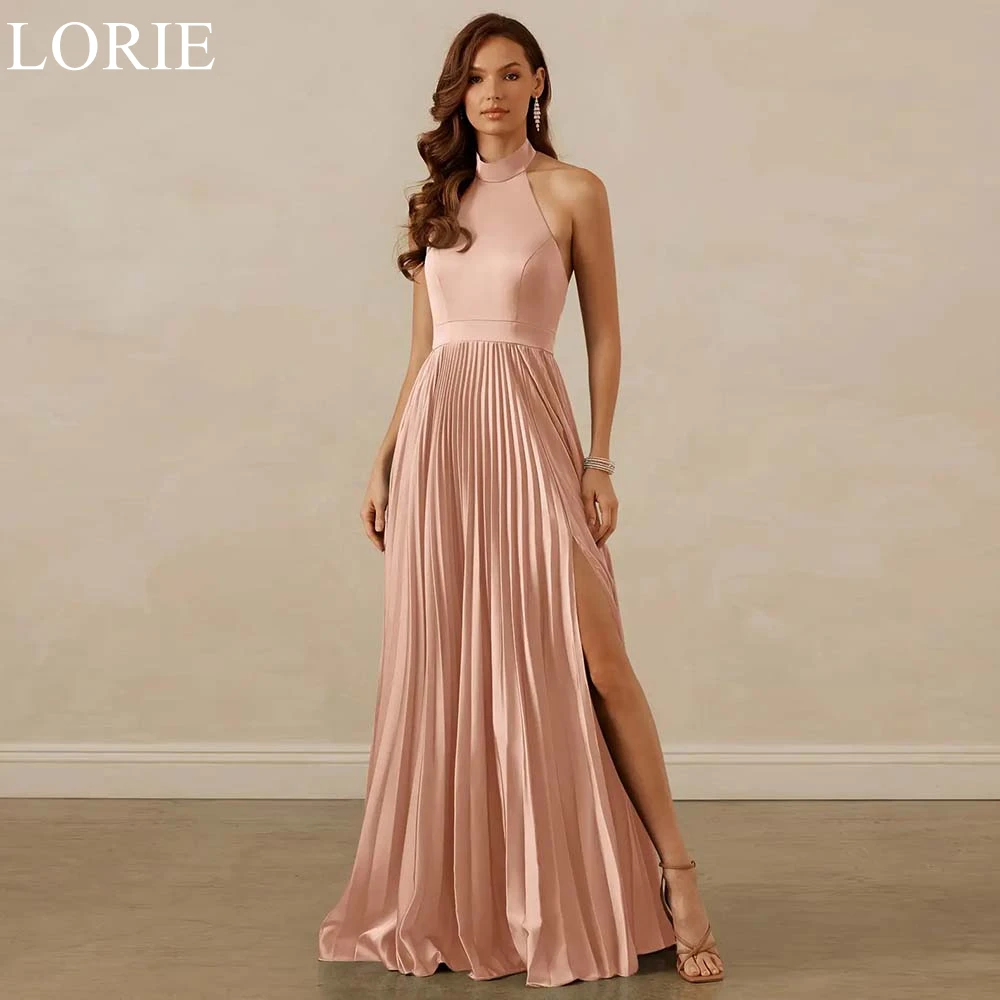 LORIE Elegant Rose Pink Satin Bridesmaid Dresses A-Line High Neck Pleated Side Slit Wedding Party Prom Gowns Backless Customized