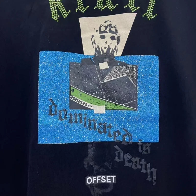 Paly Rhinestone Mask Print T-Shirt Unisex Streetwear Oversized Casual Hip Hop Short Sleeve