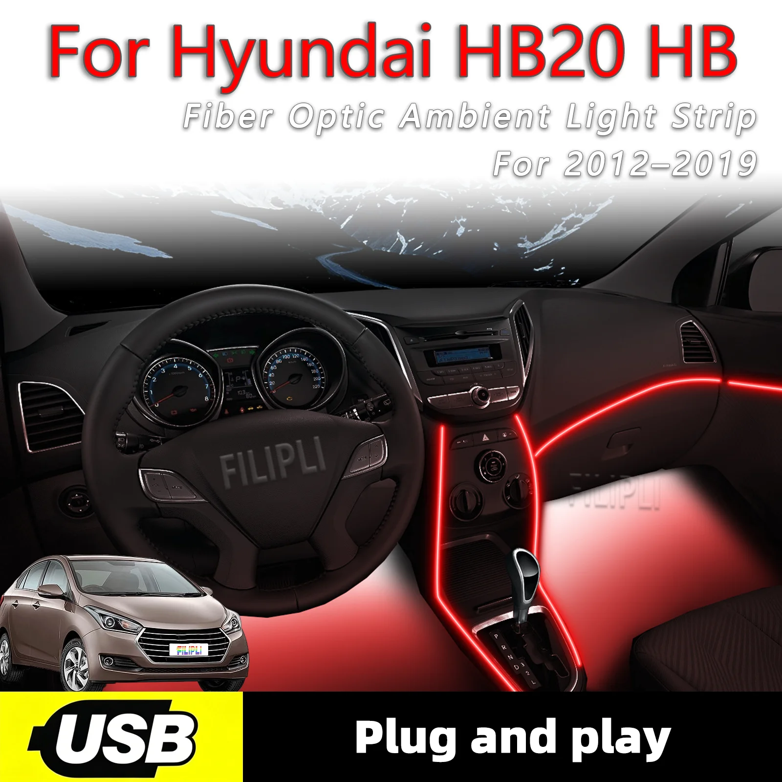 

Светодиодные ленты для внутренней подсветки салона Hyundai HB20 2012-2019 годов выпуска, 6 в 1, с USB-интерфейсом