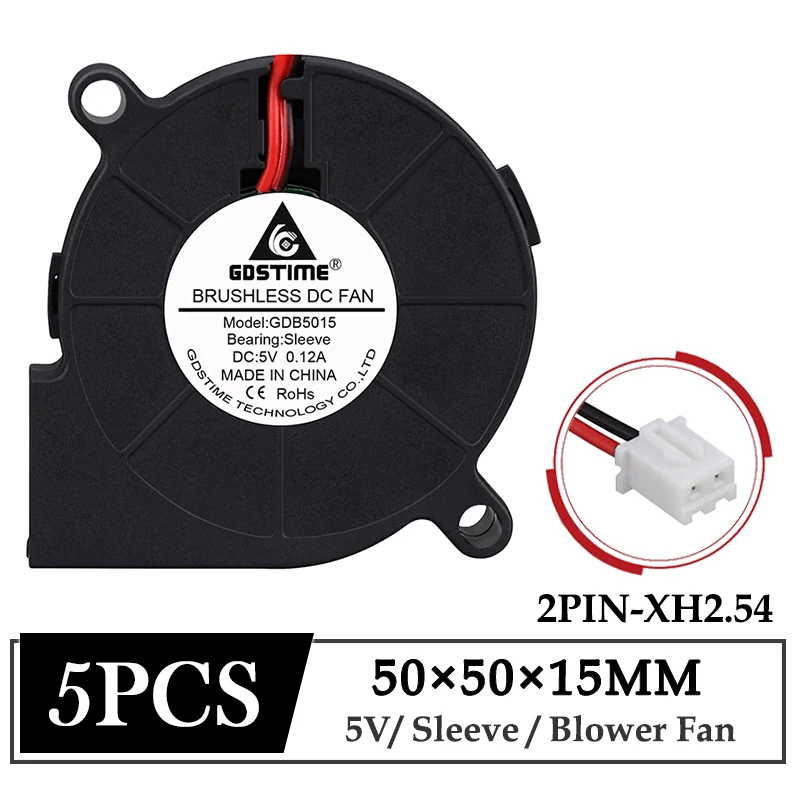 5Pcs Gdstime DC 5V 50MM Cooler Fan 5015 3D Printer Blower Fan 50x15MM Centrifugal Turbine Fan 5CM Brushless Radial Radiator