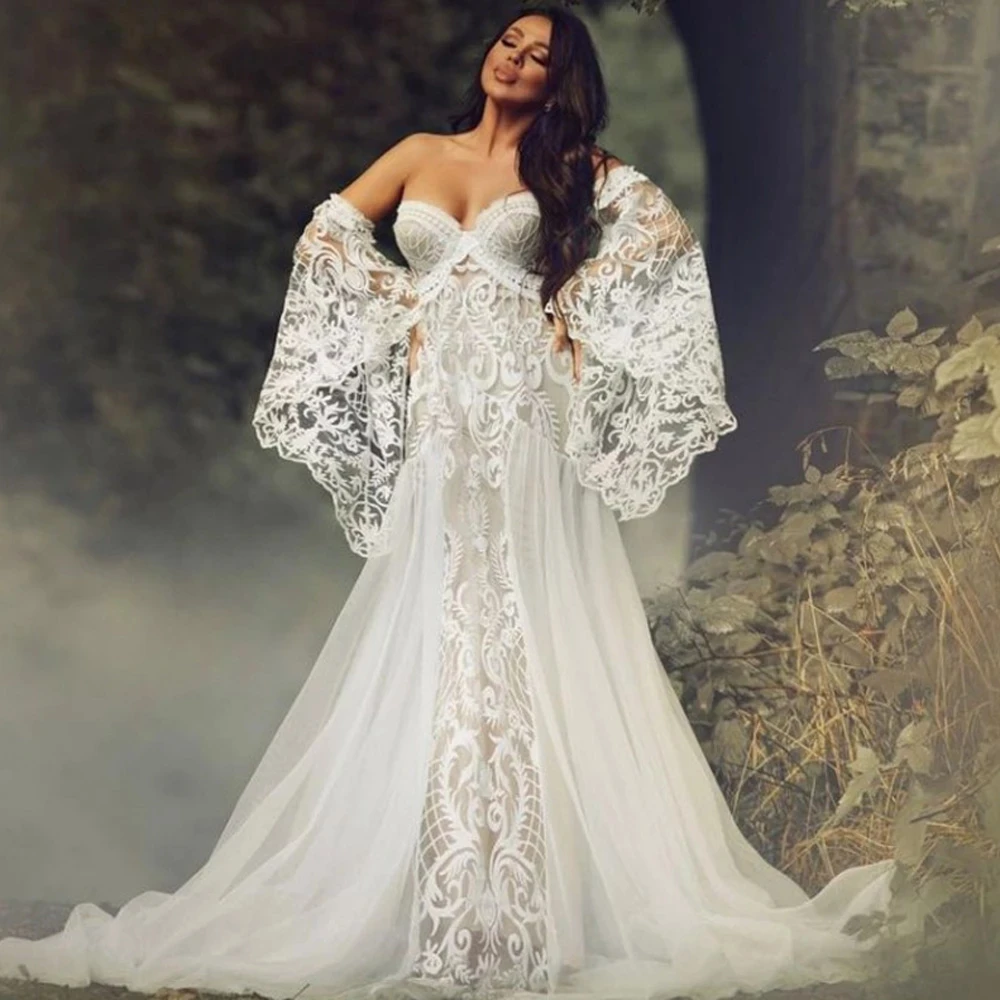 Sweetheart Bohemian Fairy abiti da sposa con maniche lunghe 2023 Retro Crochet Cotton Lace Outdoor Beach Country abiti da sposa