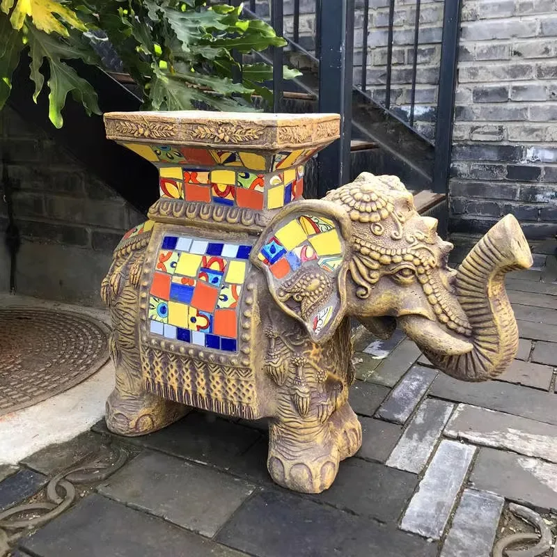 Featured cement fiberglass elephant flower tray flower stand, garden landscape ornament, painted ceramic mosaic process