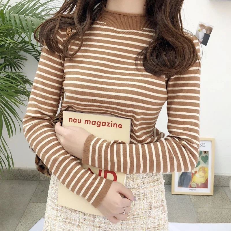 ITOOLIN Autumn Women Striped Mock Neck Sweaters Slim Elastic Long Sleeve Casual Pullovers Winter For Women Knitted Warm Tops